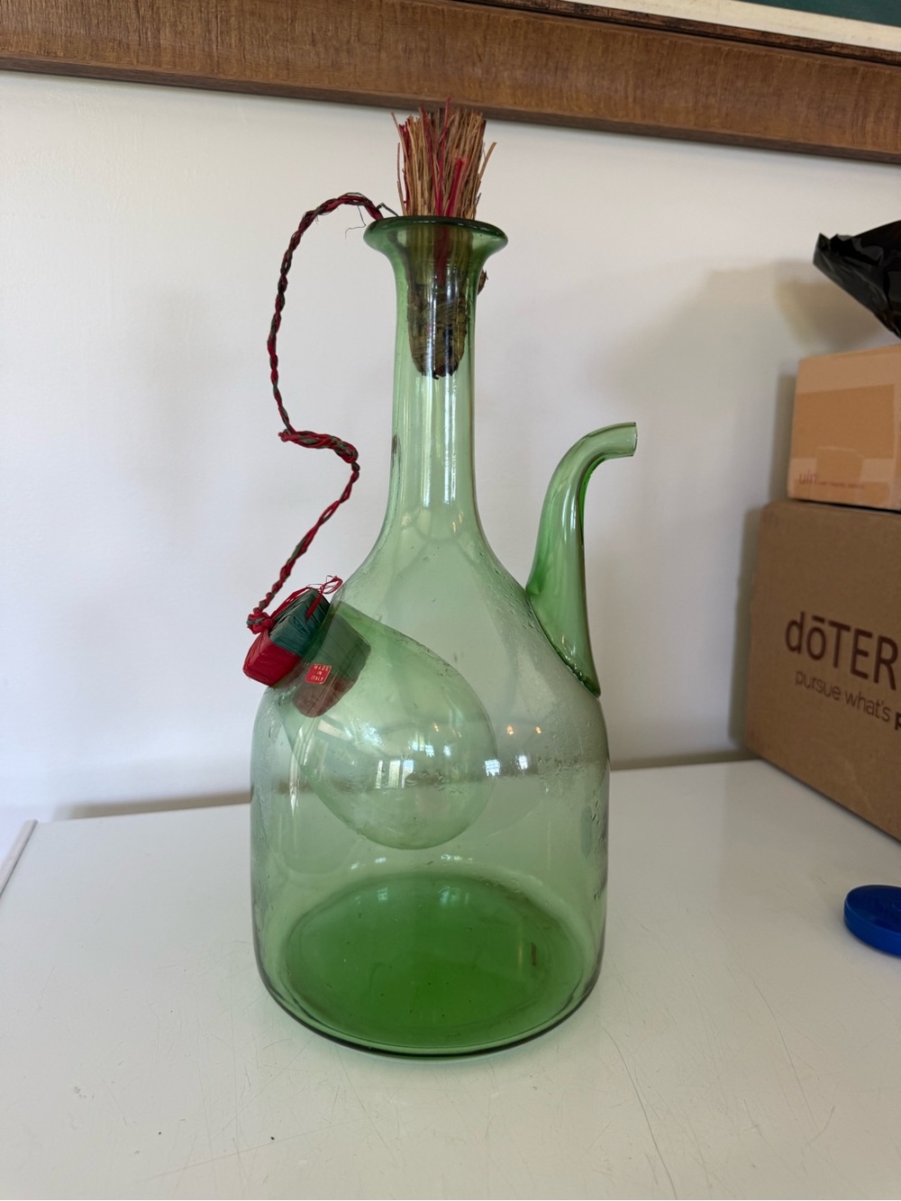 vintage Italian hand-blown green glass wine decanters ice chamber and spout